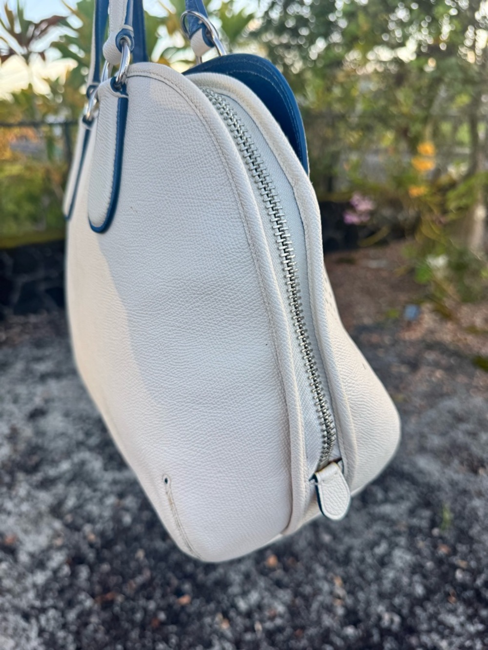 Coach Sample Perforated Leather Dome Satchel White Blue Trim Crossbody Bag - Picture 5 of 17
